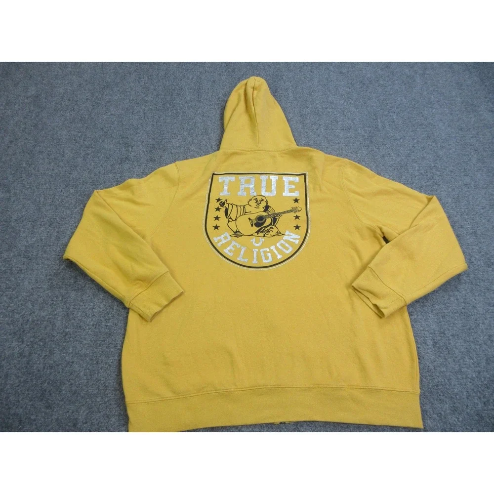 True Religion Hoodie Mens 2XL Yellow Full Zip Fleece Sweatshirt Buddha Star